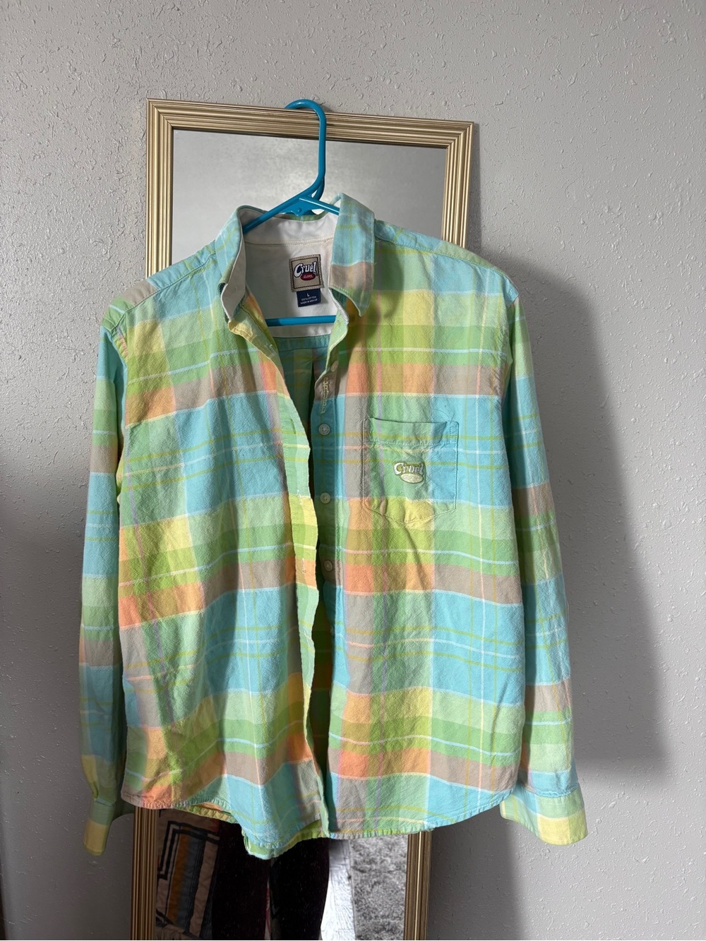 Vintage Cruel Girl Pastel Plaid Button-Down Shirt - Light Blue, Light Green